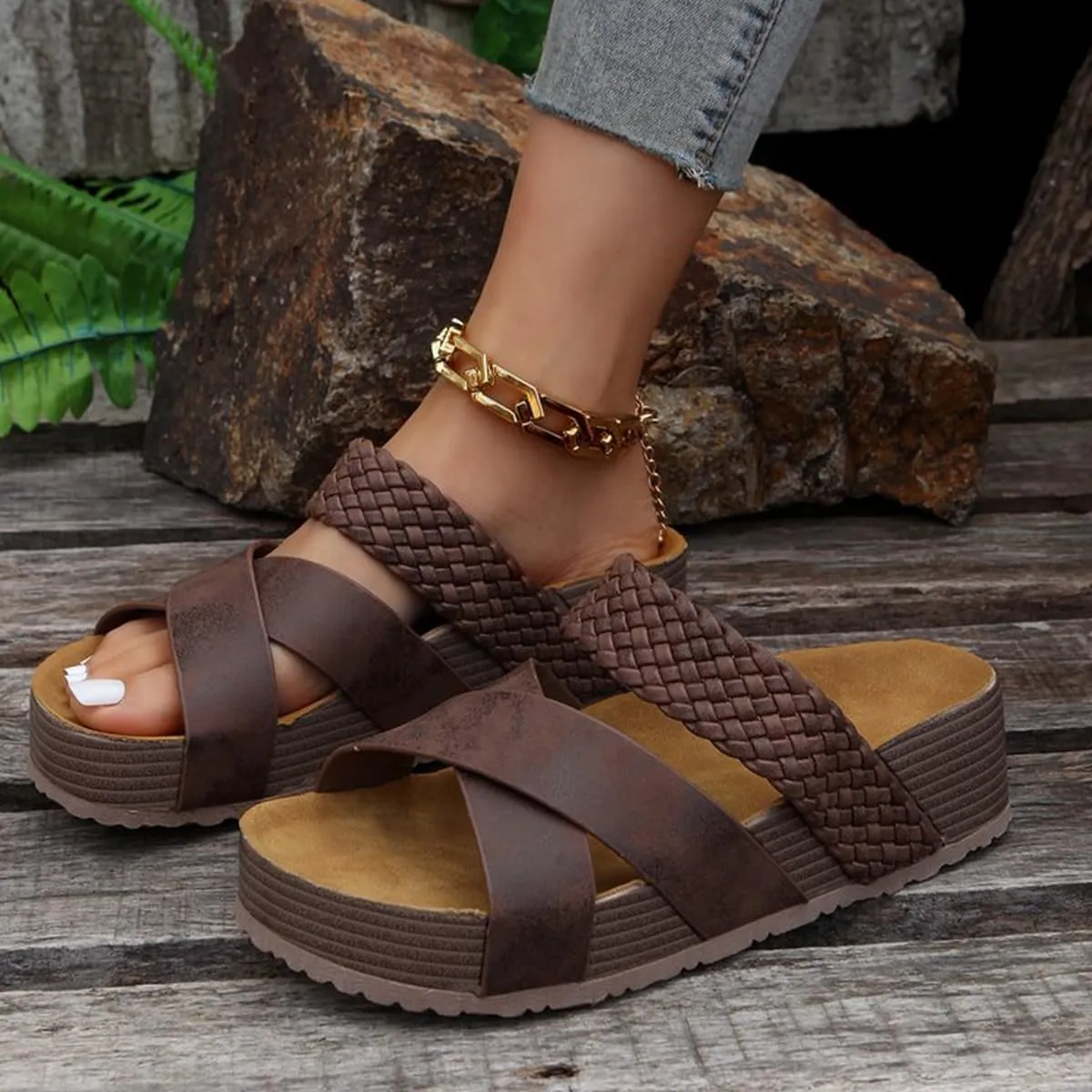 Women's cork-soled Sandals - Criss-Cross Footbed Sandals with Faux leather slide for Summer Comfort