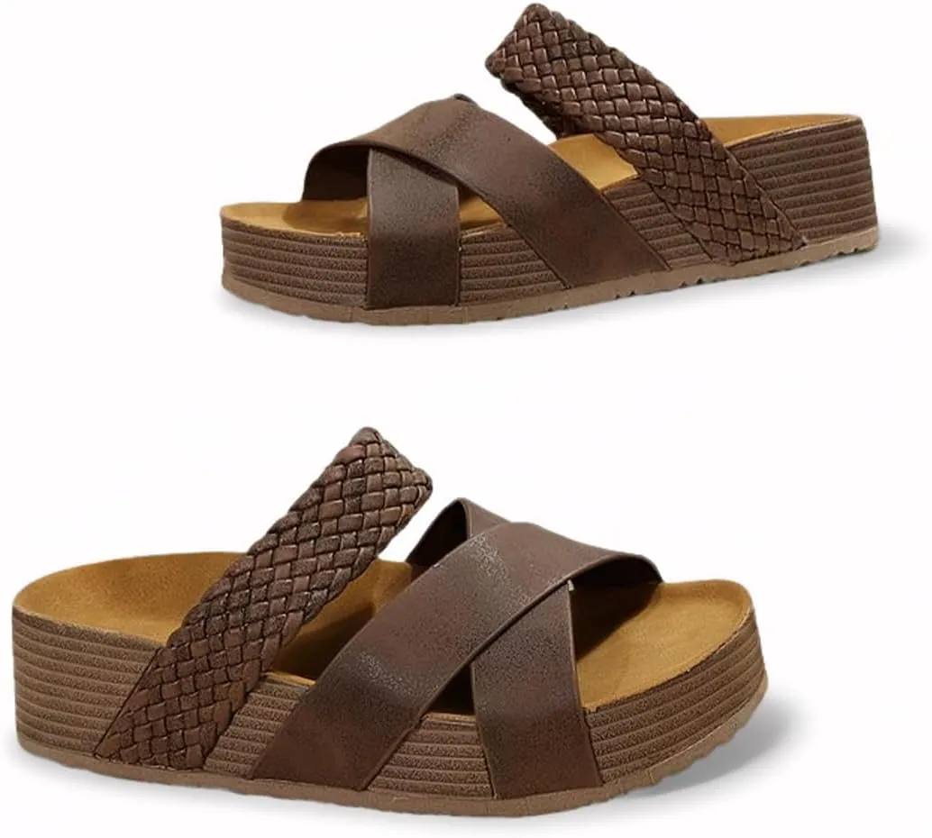 Women's cork-soled Sandals - Criss-Cross Footbed Sandals with Faux leather slide for Summer Comfort