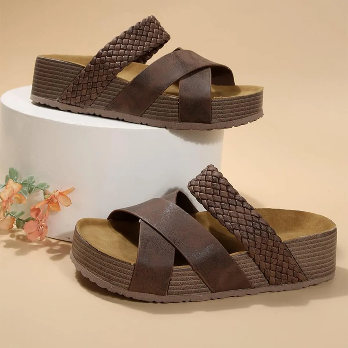 Women's cork-soled Sandals - Criss-Cross Footbed Sandals with Faux leather slide for Summer Comfort