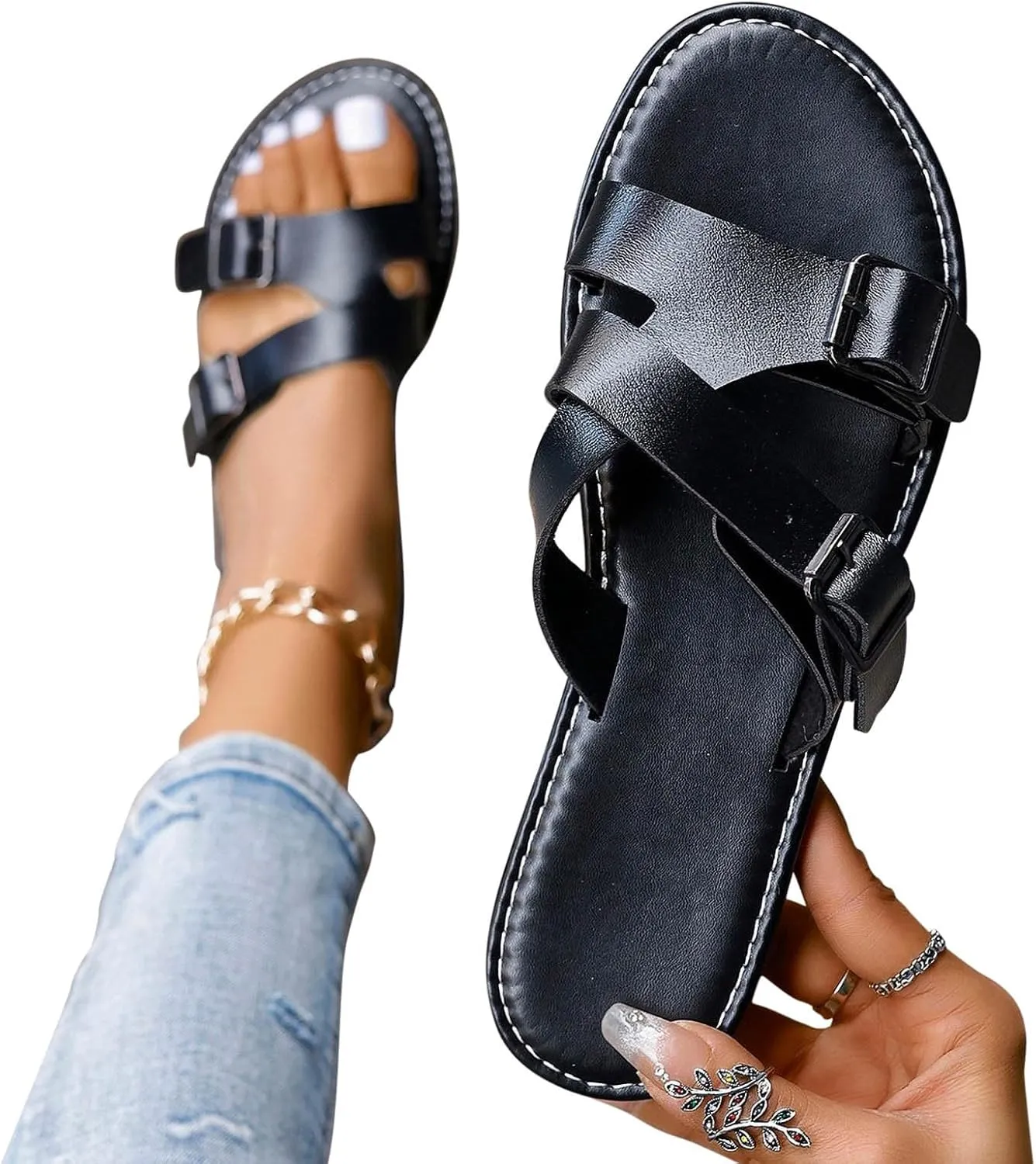 Women's Cross Faux Leather Slipper Open Toe Hook and Eye Sandals Summer Lounge Slip on Slide Irregular Stylish Flat
