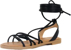 Women's Cross Lace Up Gladiator Sandals, Ankle Wrap Strappy Flats Sandals for Women