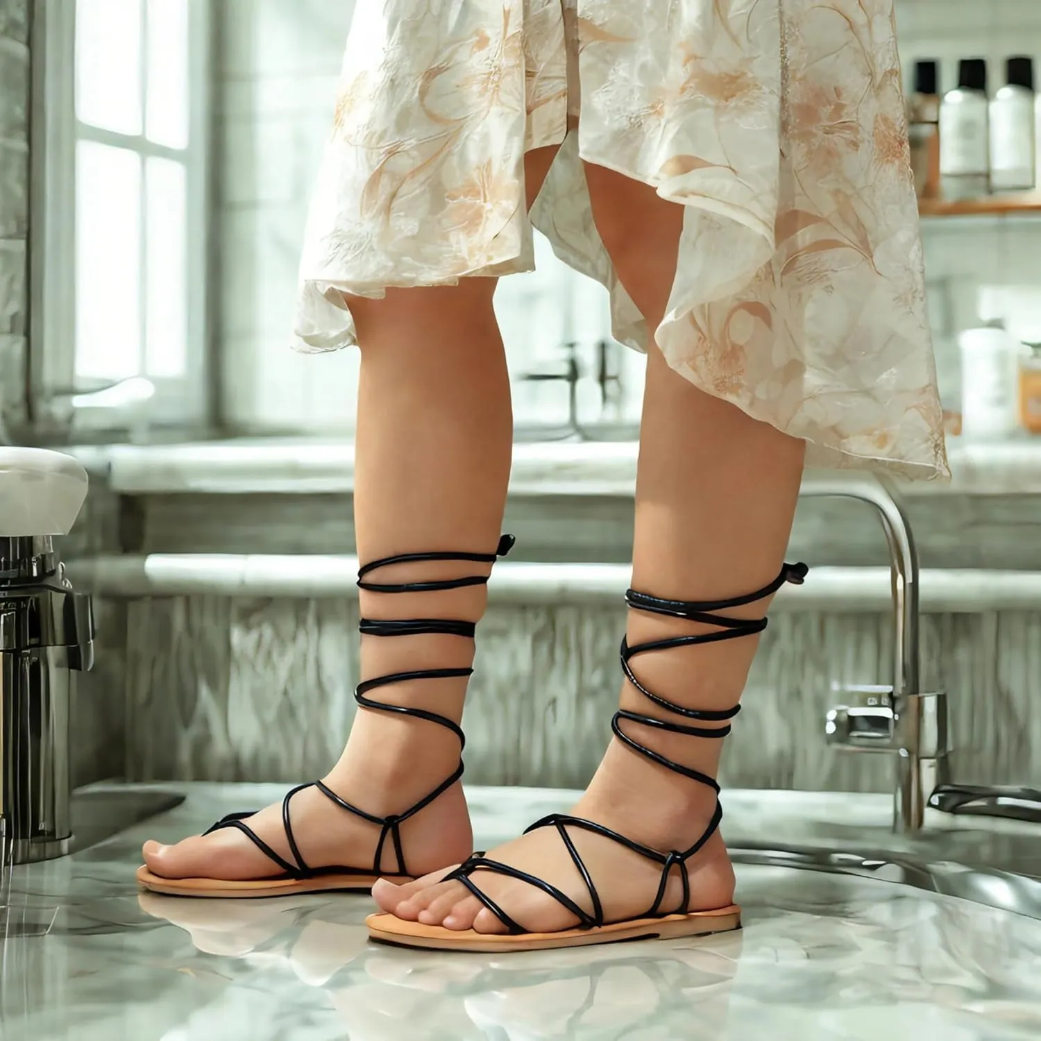Women's Cross Lace Up Gladiator Sandals, Ankle Wrap Strappy Flats Sandals for Women