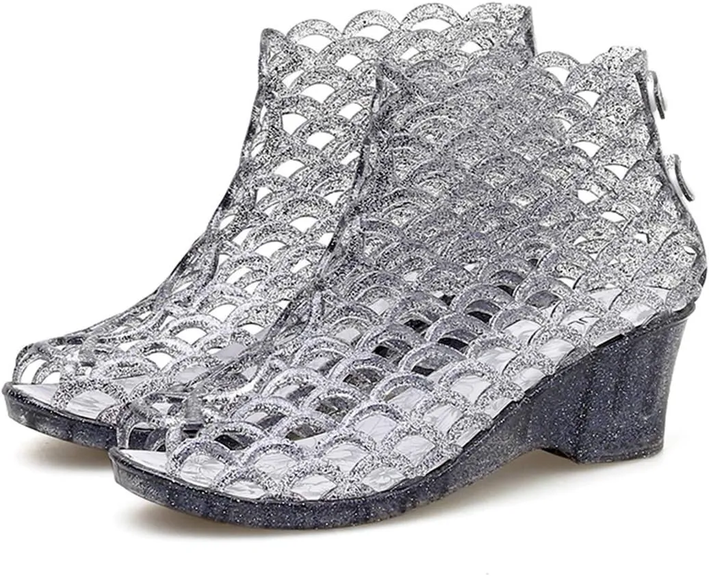 Women's Crystal Jelly High Heel Sandals Summer Beach Hollow Shoes