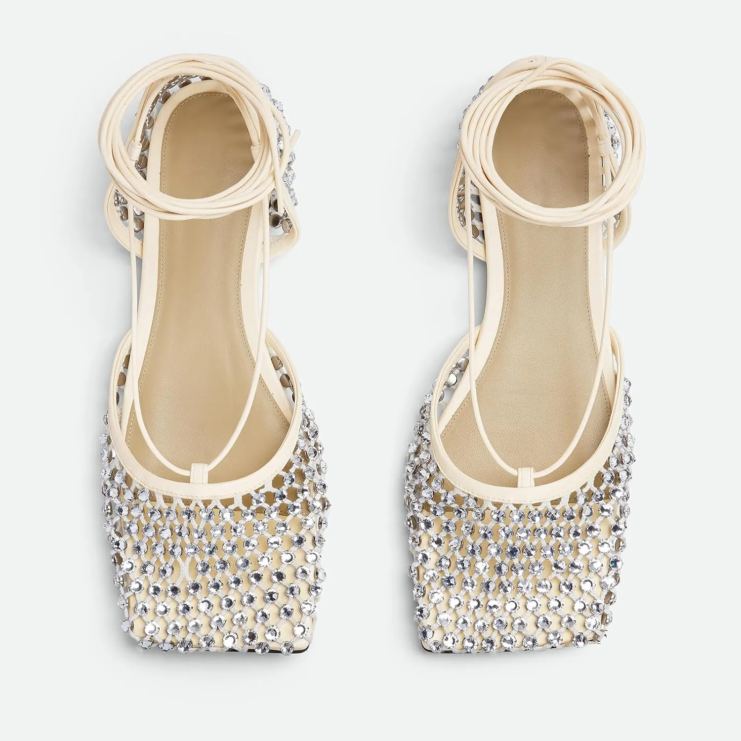 Women's Crystal Mesh Flats Rhinestone Lace-Up Closed Square Toe Ankle Strappy Sandals Fashion Comfort Sparkle Stretch Fishnet Shoes