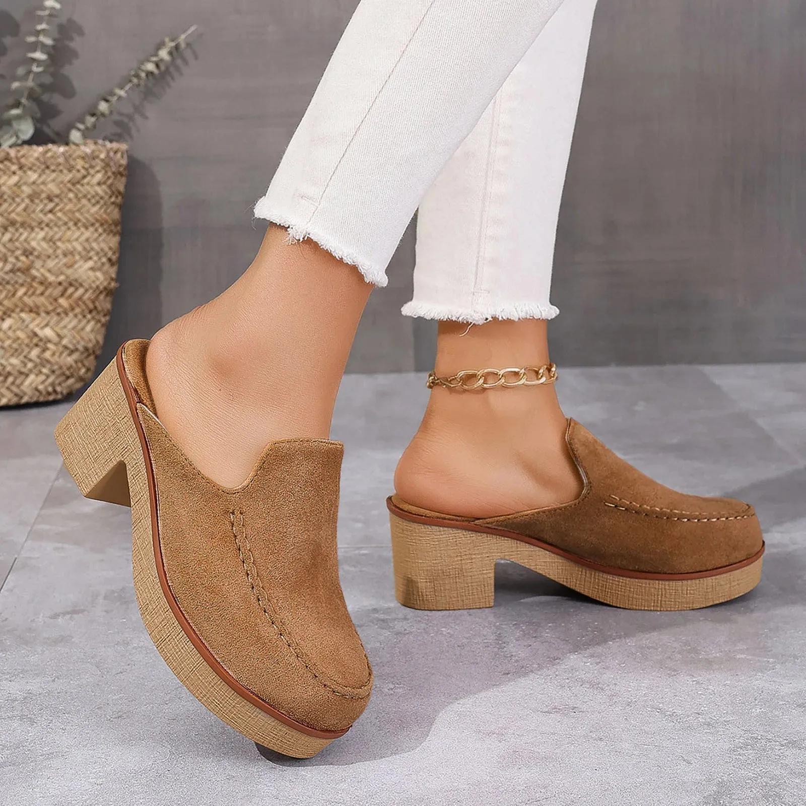 Womens Cute Sandal Slip On Flock Casual Round Toe Square Heels Soft Bottom Small Heel