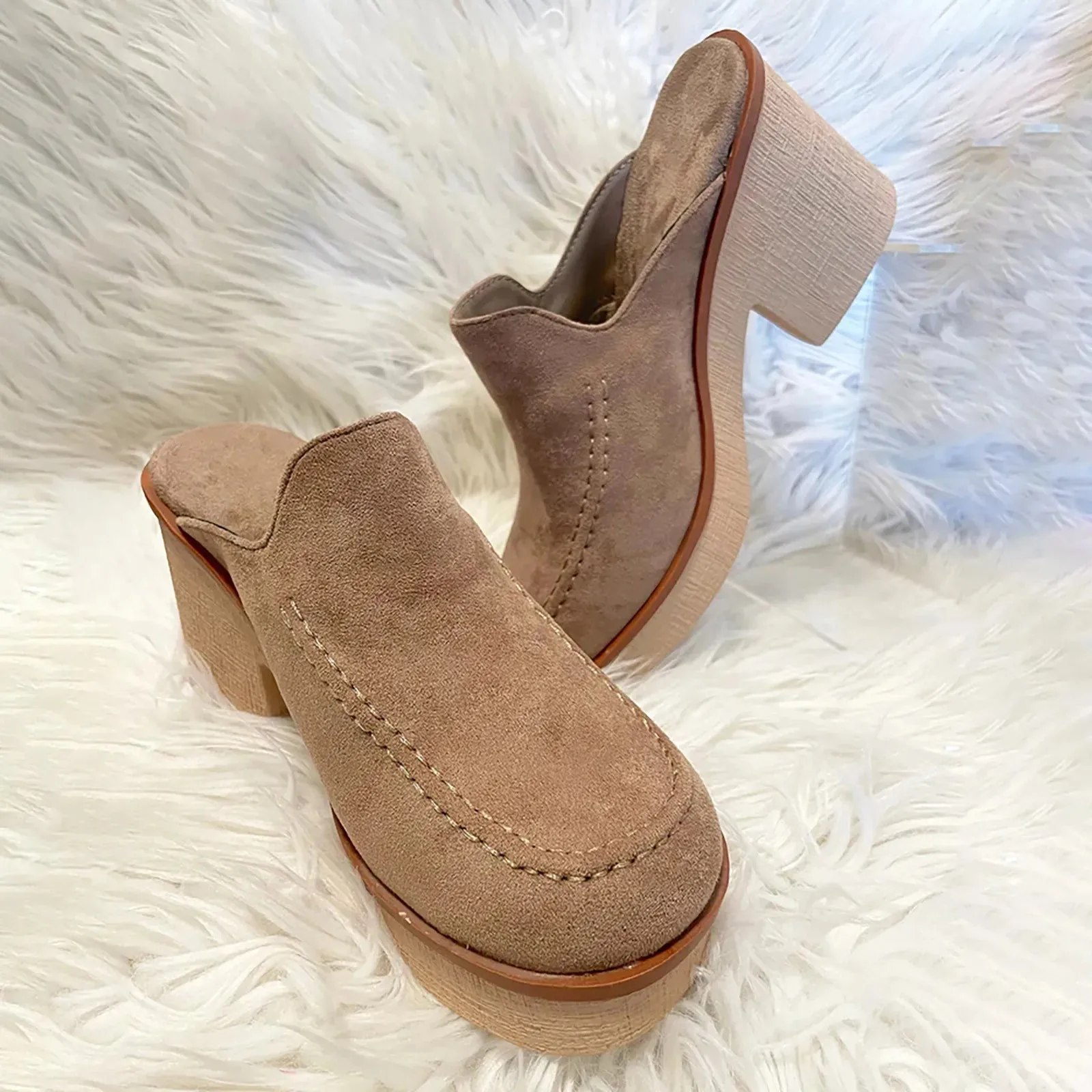 Womens Cute Sandal Slip On Flock Casual Round Toe Square Heels Soft Bottom Small Heel