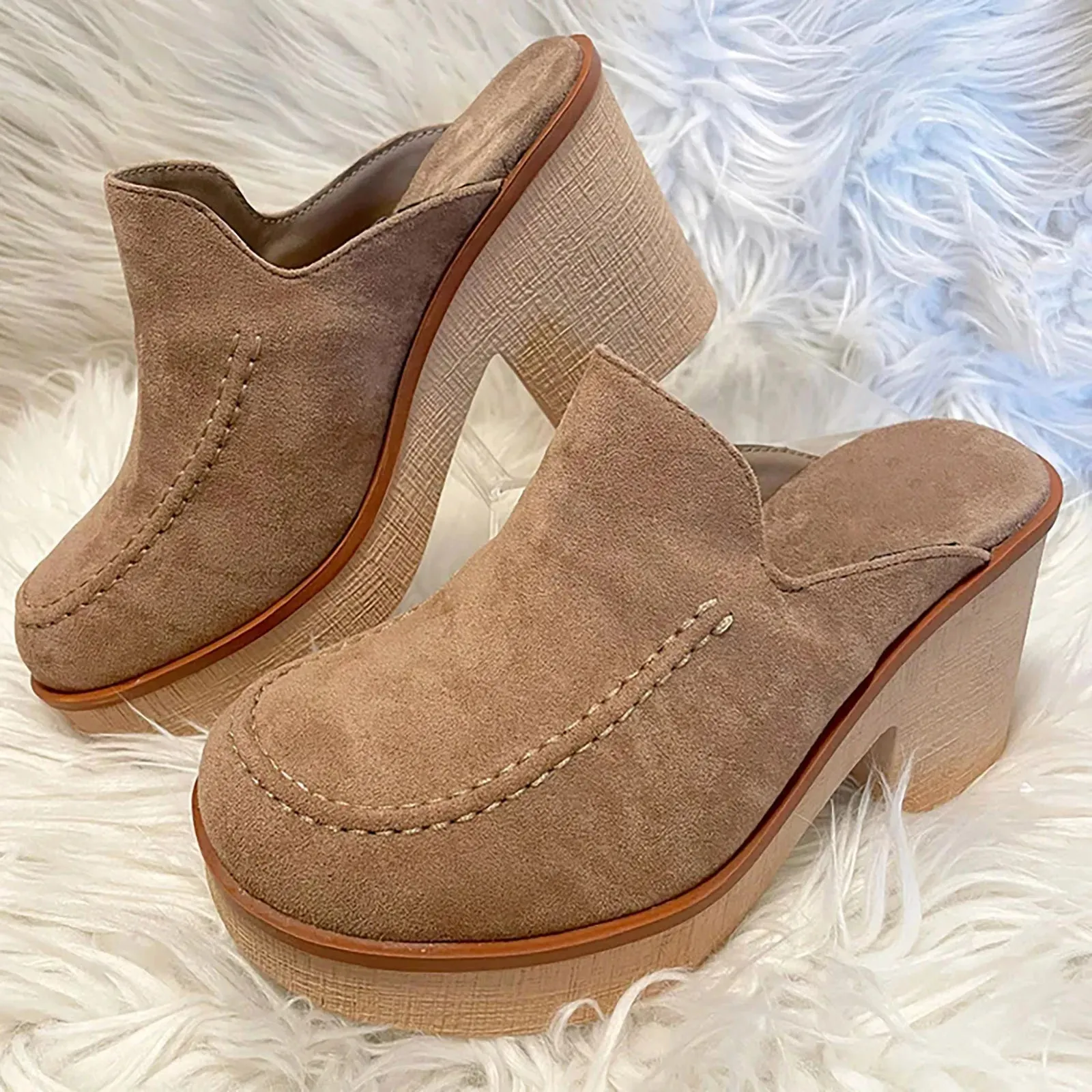Womens Cute Sandal Slip On Flock Casual Round Toe Square Heels Soft Bottom Small Heel
