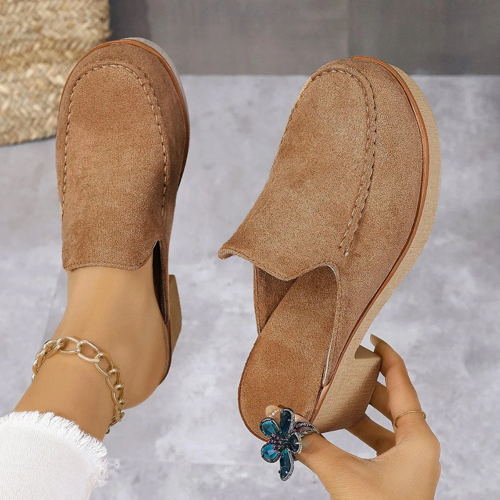 Womens Cute Sandal Slip On Flock Casual Round Toe Square Heels Soft Bottom Small Heel
