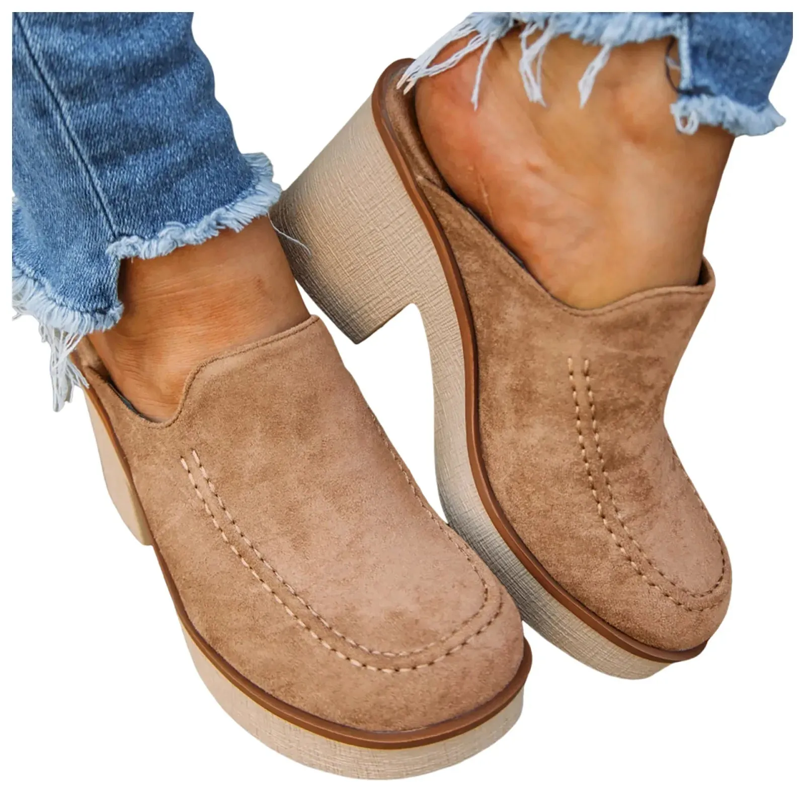Womens Cute Sandal Slip On Flock Casual Round Toe Square Heels Soft Bottom Small Heel