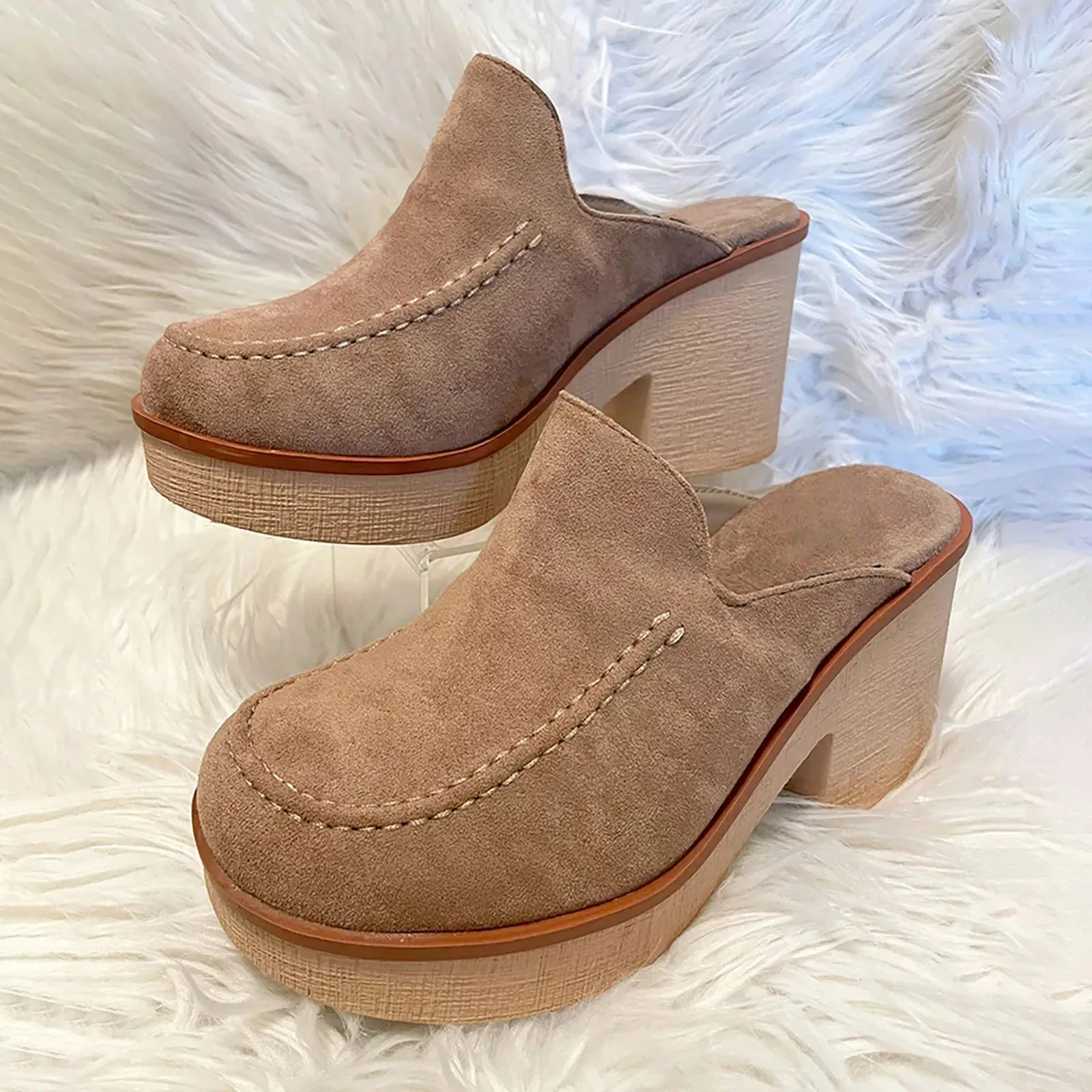 Womens Cute Sandal Slip On Flock Casual Round Toe Square Heels Soft Bottom Small Heel