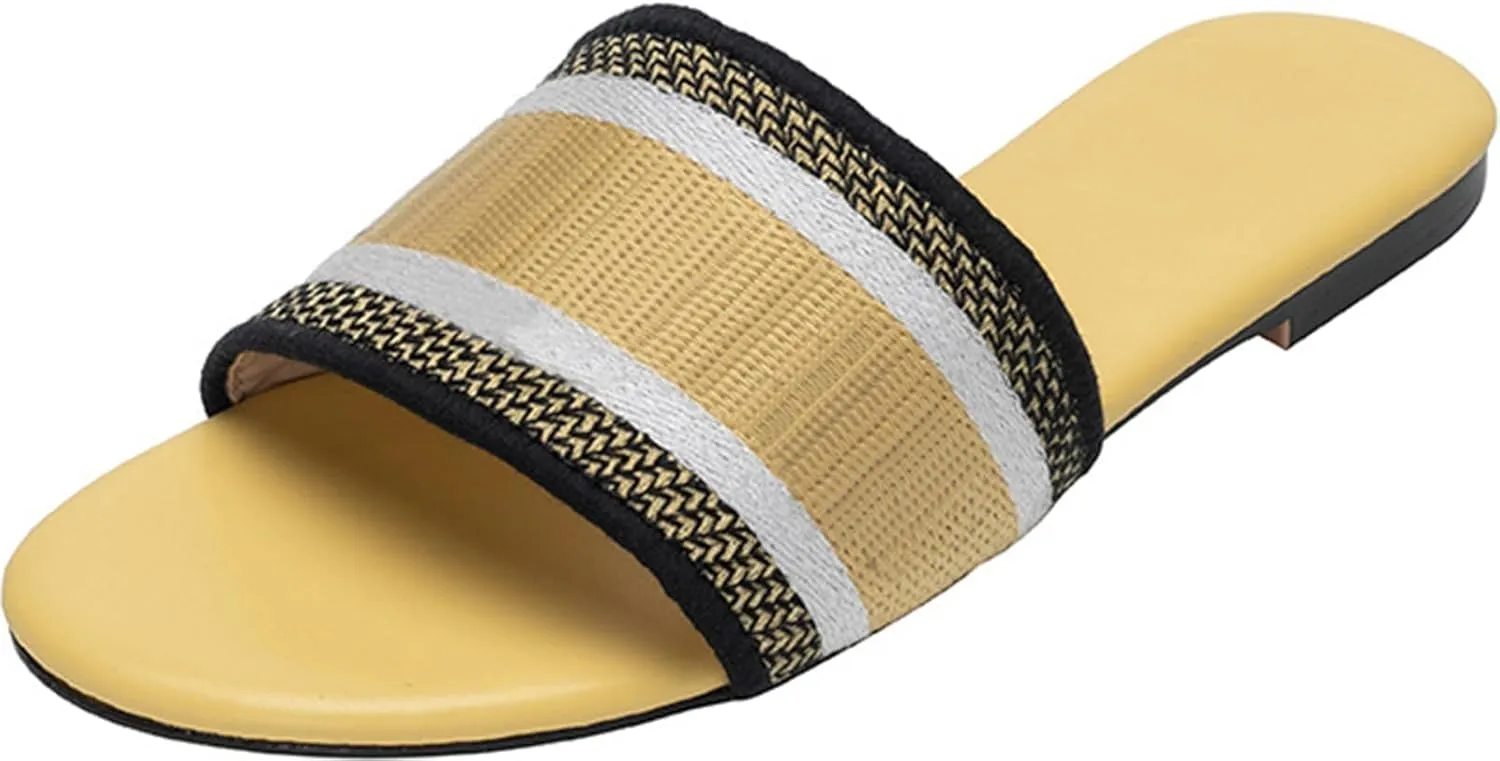 Women's Embroidered Band Sandals Open Toe Flat Sandals Summer Shoes Yellow 36