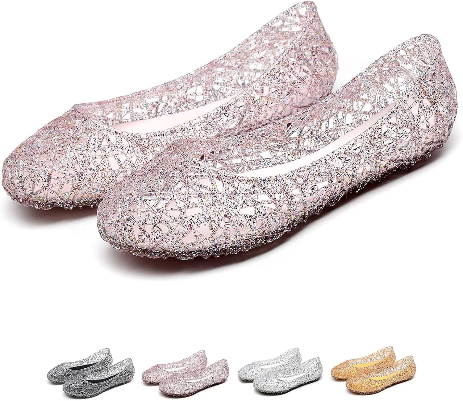 Women's Flat Crystal Jelly Hollow Out Loafers Shoes,Clear Glitter Slip On Summer Beach Sandals Breathable Anti-Slip Ballet Flat
