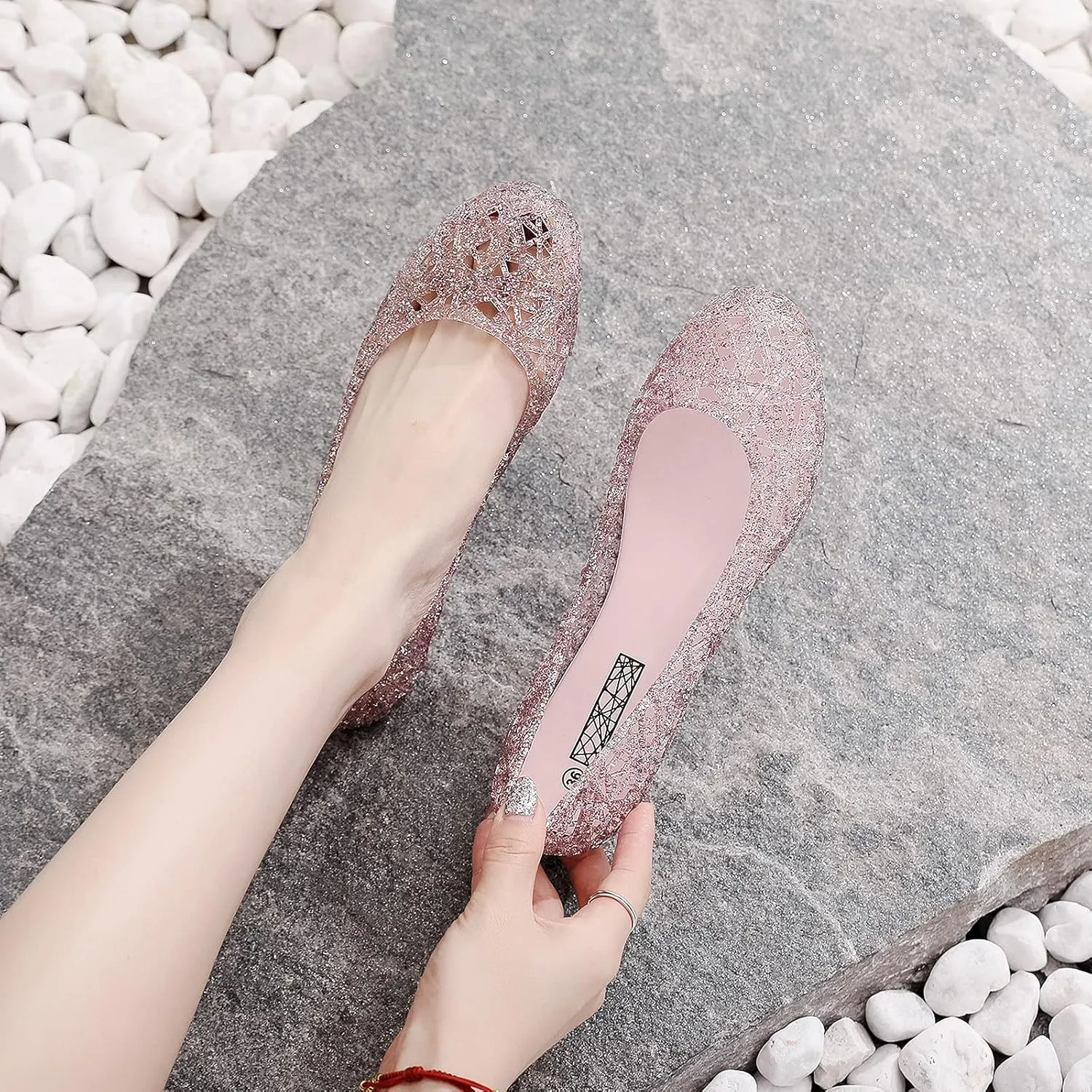 Women's Flat Crystal Jelly Hollow Out Loafers Shoes,Clear Glitter Slip On Summer Beach Sandals Breathable Anti-Slip Ballet Flat