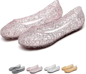 Women's Flat Crystal Jelly Hollow Out Loafers Shoes,Clear Glitter Slip On Summer Beach Sandals Breathable Anti-Slip Ballet Flat