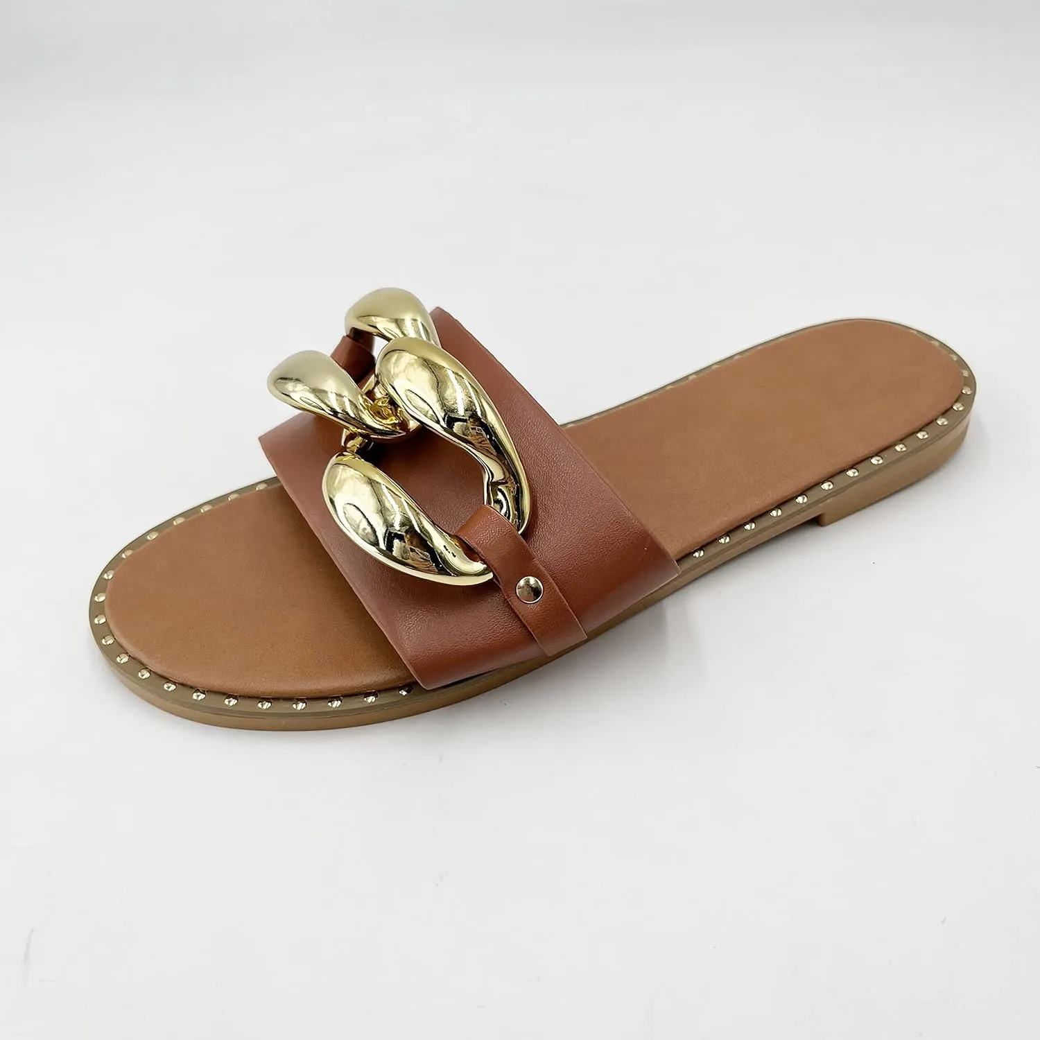 Women's Flat Heels Open Toe Backless Slippers Metallic Chains Slip On Summer Indoor Outdoor Slide Sandals.
