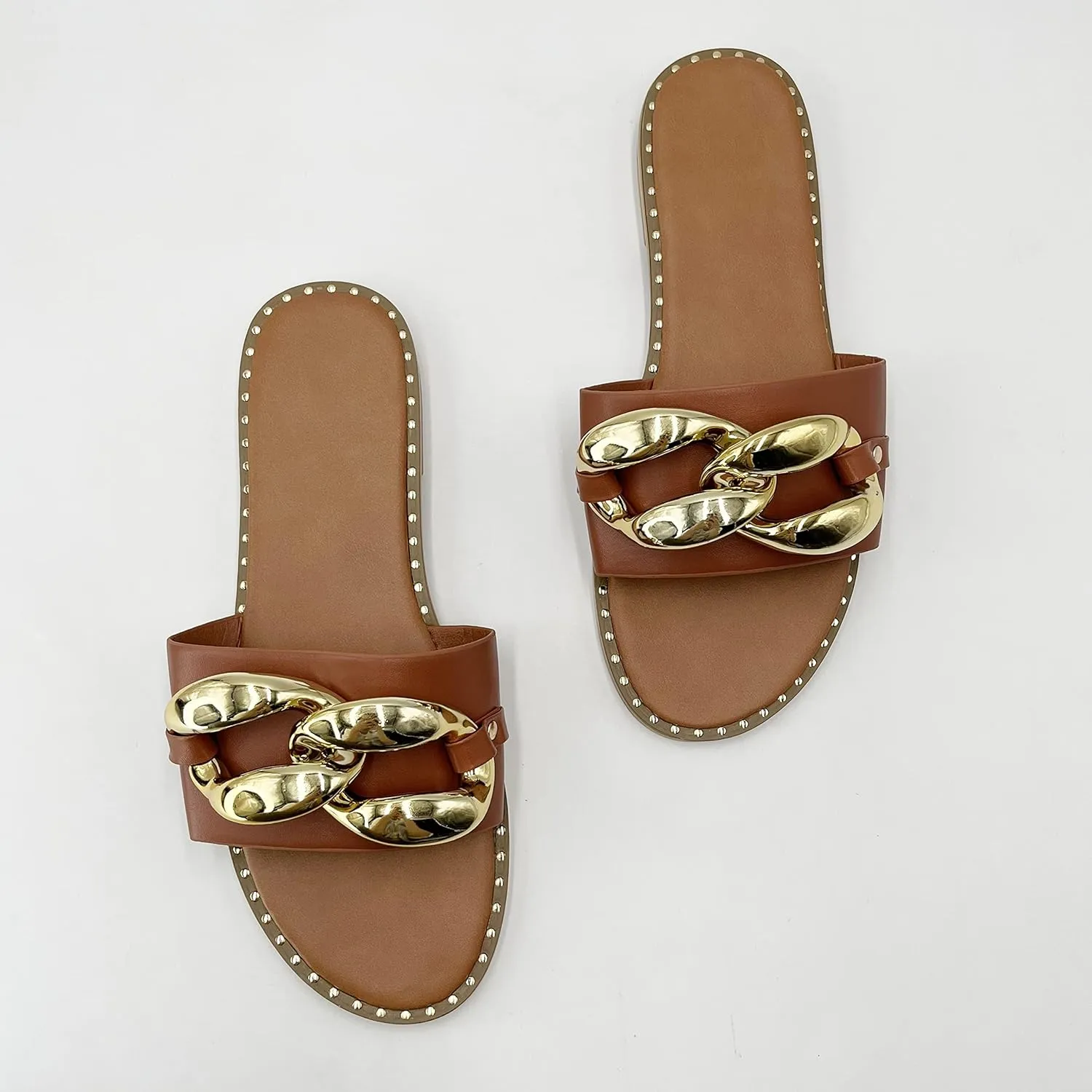 Women's Flat Heels Open Toe Backless Slippers Metallic Chains Slip On Summer Indoor Outdoor Slide Sandals.