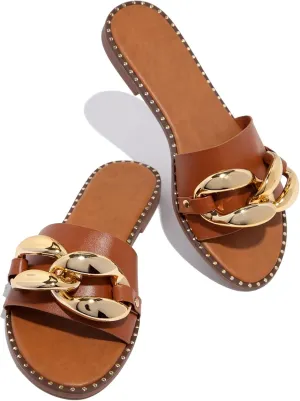 Women's Flat Heels Open Toe Backless Slippers Metallic Chains Slip On Summer Indoor Outdoor Slide Sandals.