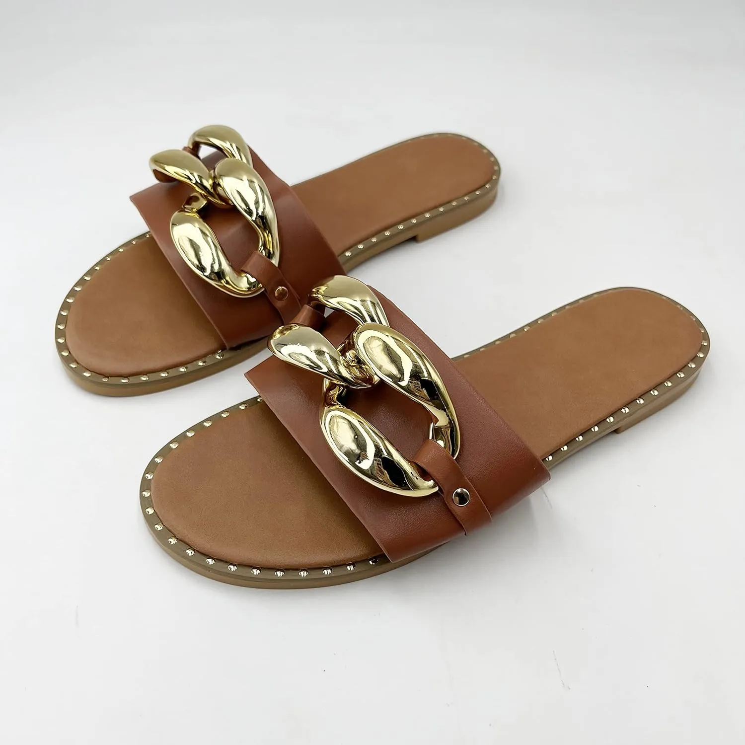Women's Flat Heels Open Toe Backless Slippers Metallic Chains Slip On Summer Indoor Outdoor Slide Sandals.