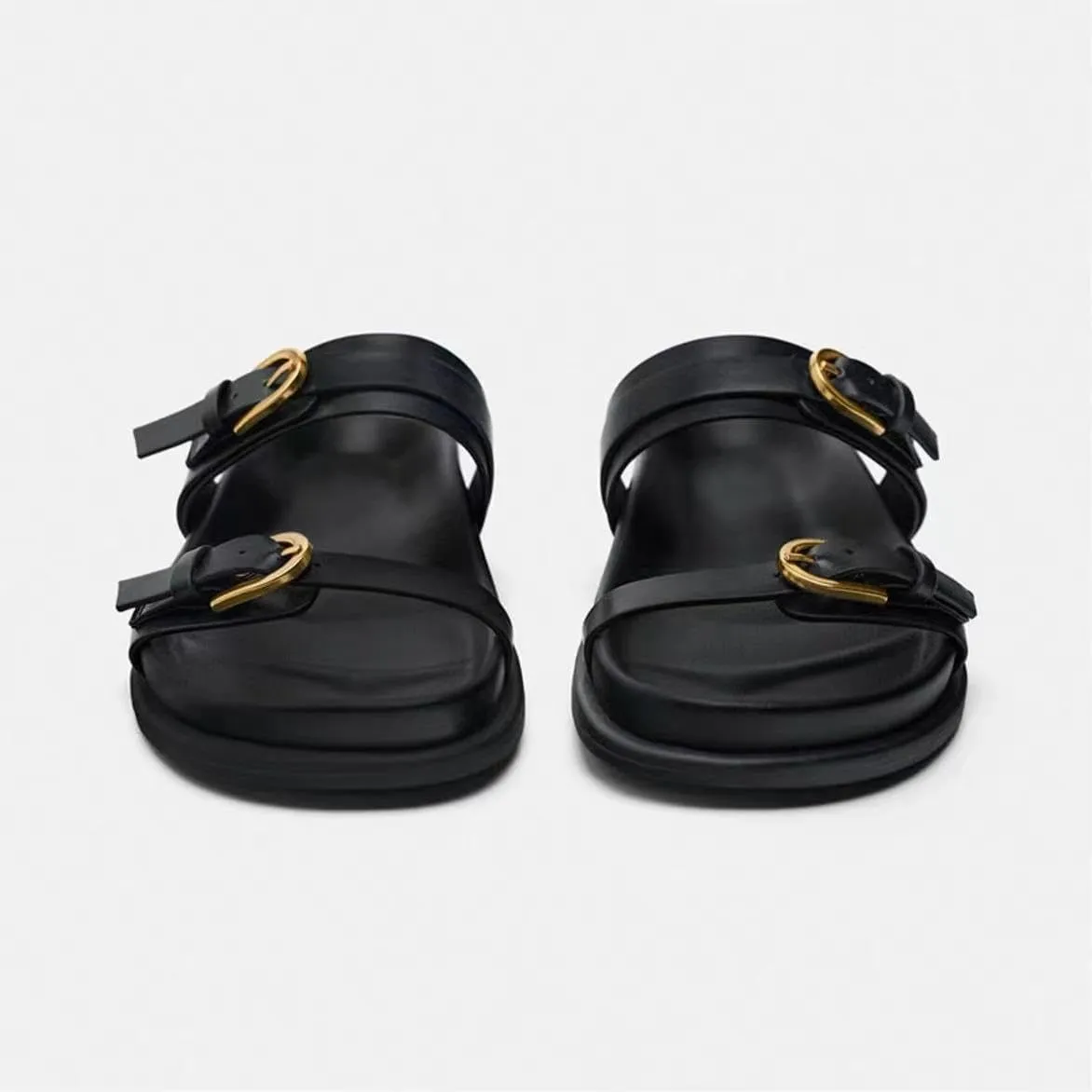 Women's Flat Sandals Open Toe Double Buckle Adjustable Slide Sandal Rubber Footbed Summer Comfort Slippers