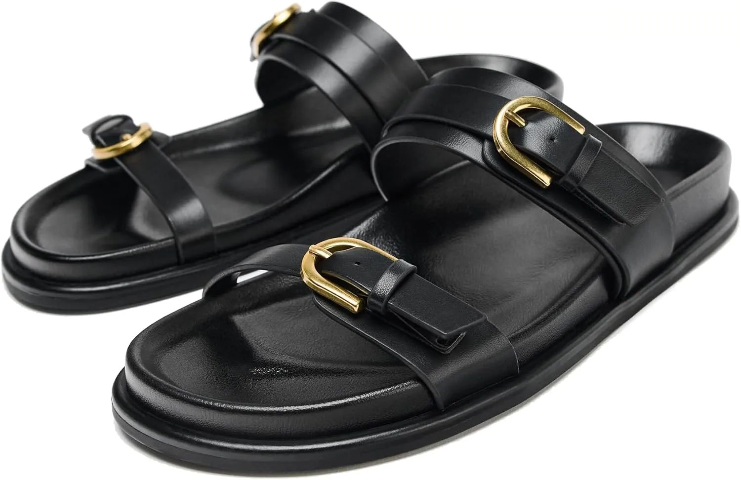Women's Flat Sandals Open Toe Double Buckle Adjustable Slide Sandal Rubber Footbed Summer Comfort Slippers