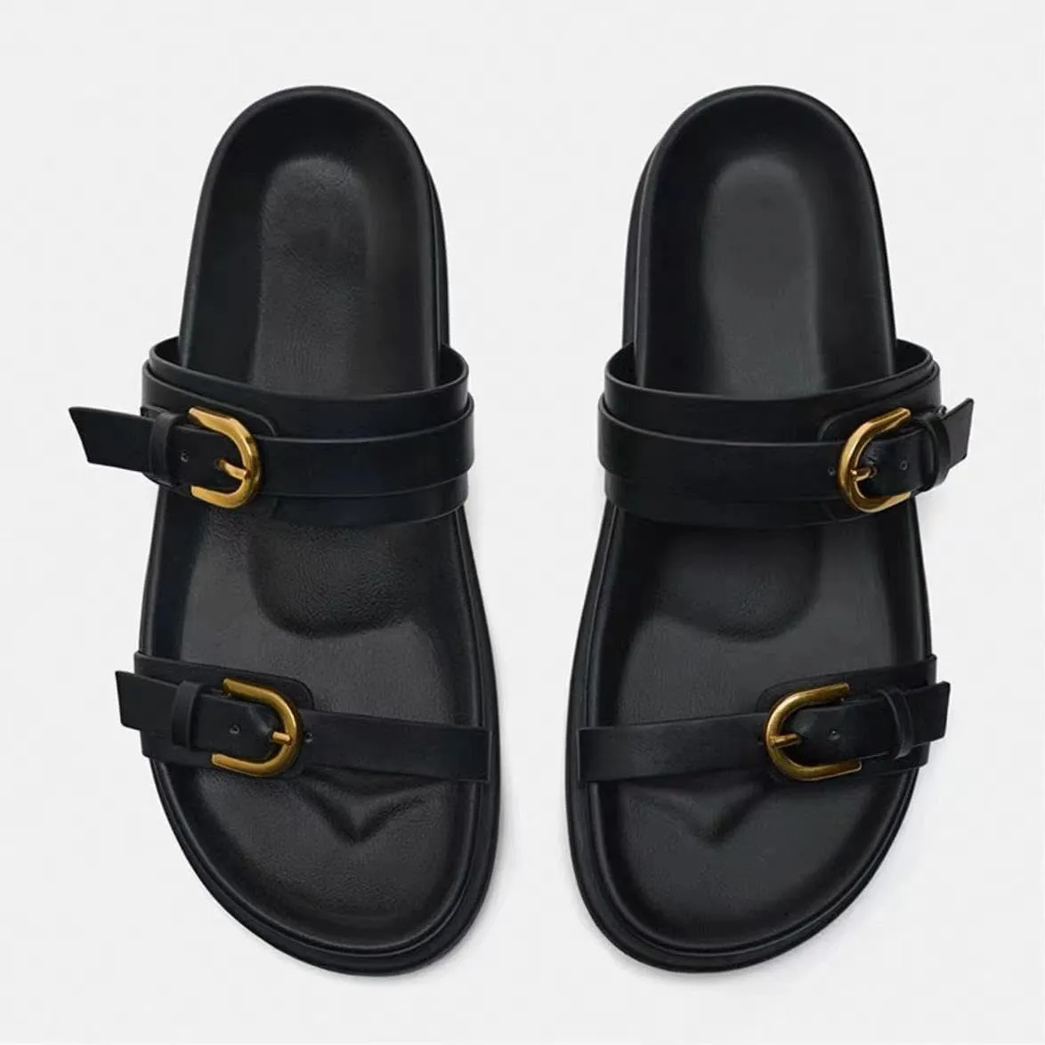Women's Flat Sandals Open Toe Double Buckle Adjustable Slide Sandal Rubber Footbed Summer Comfort Slippers