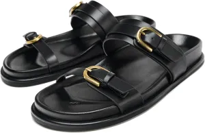 Women's Flat Sandals Open Toe Double Buckle Adjustable Slide Sandal Rubber Footbed Summer Comfort Slippers