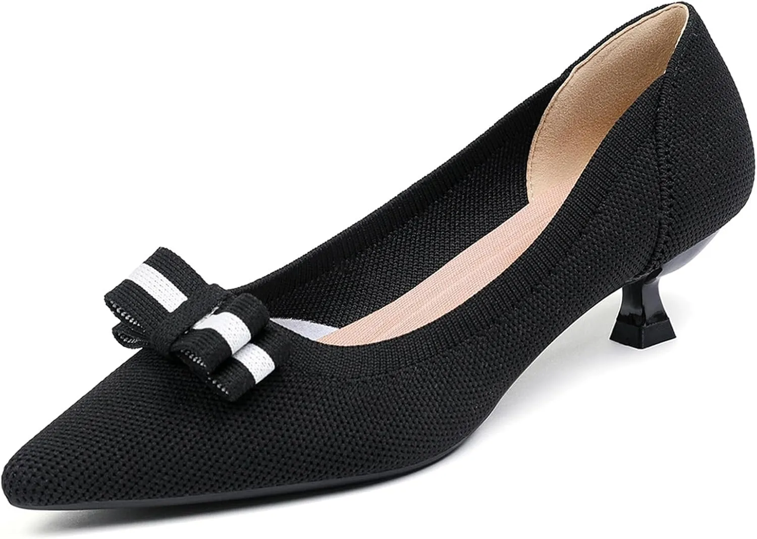 Women's Knitted Kitten Low Heels with Bow Pointed Closed Toe Slip On Comfort Pumps Casual Work Office Dress Shoes