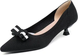 Women's Knitted Kitten Low Heels with Bow Pointed Closed Toe Slip On Comfort Pumps Casual Work Office Dress Shoes