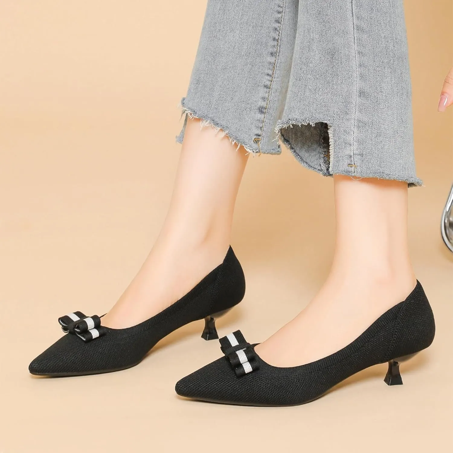 Women's Knitted Kitten Low Heels with Bow Pointed Closed Toe Slip On Comfort Pumps Casual Work Office Dress Shoes