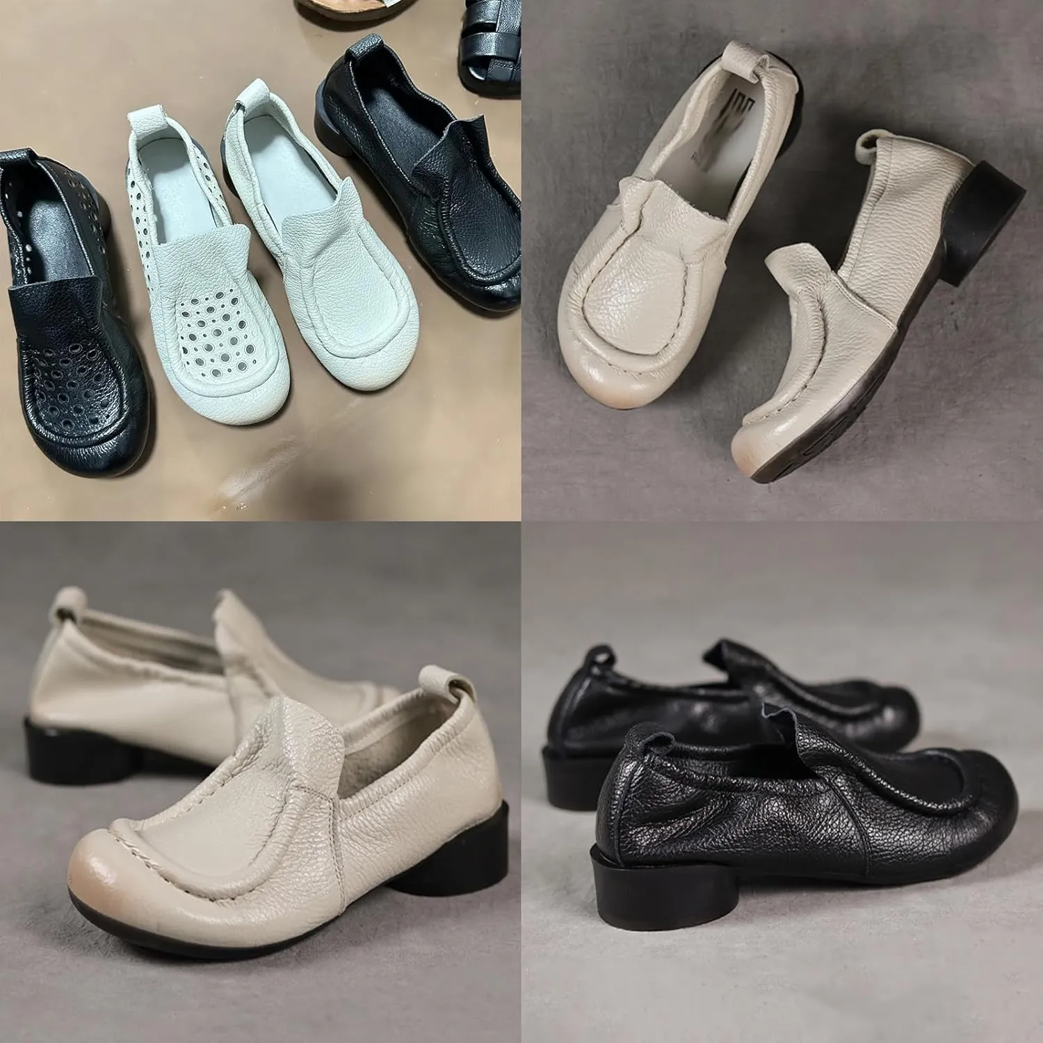Women's Leather Ruched Slip-on Dress Pumps,Summer/Fall Comfort Round Toe Non-Slip Ox Soft Sole Casual Walking Loafers