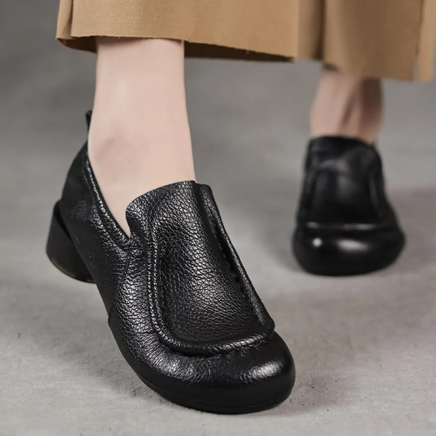 Women's Leather Ruched Slip-on Dress Pumps,Summer/Fall Comfort Round Toe Non-Slip Ox Soft Sole Casual Walking Loafers