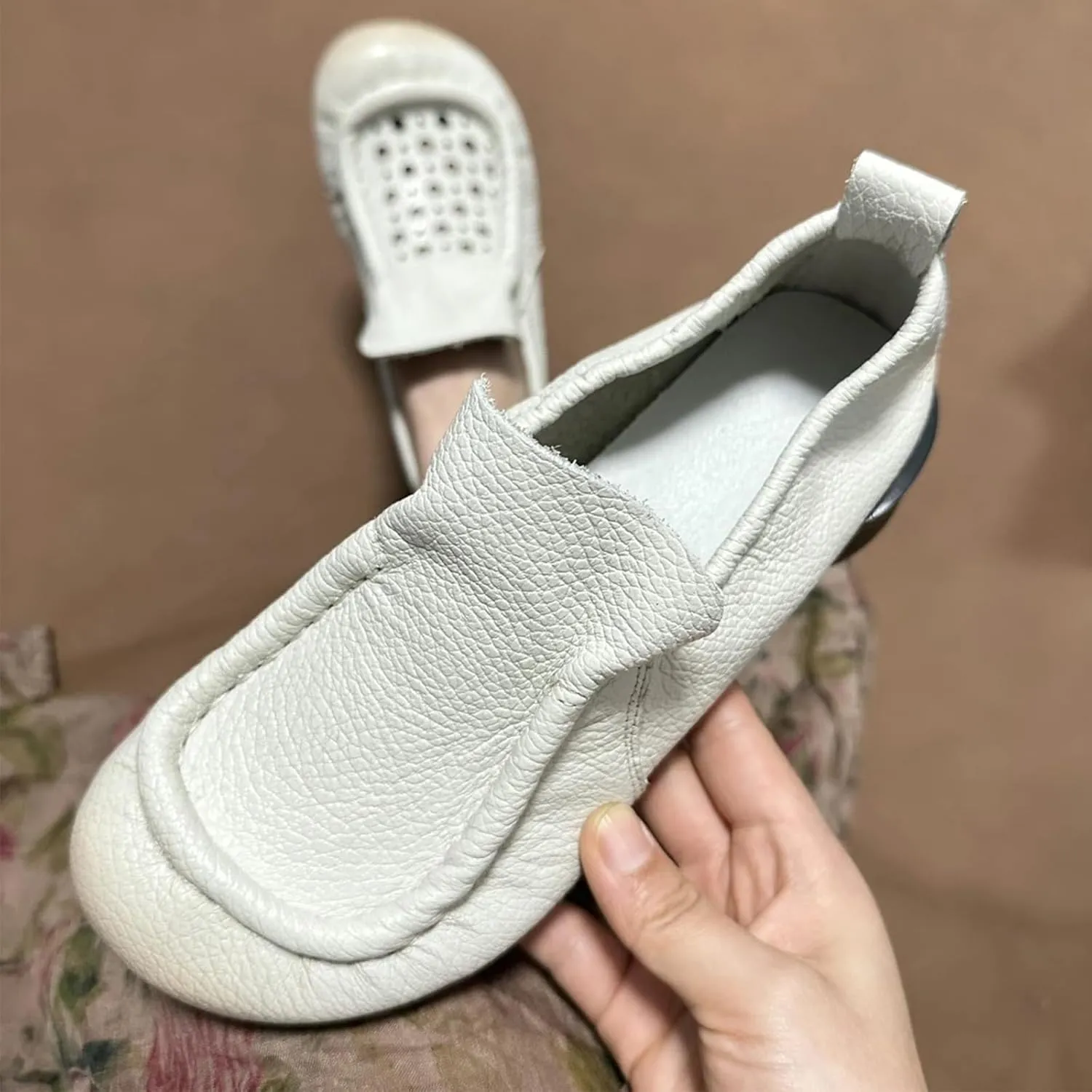 Women's Leather Ruched Slip-on Dress Pumps,Summer/Fall Comfort Round Toe Non-Slip Ox Soft Sole Casual Walking Loafers