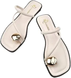 Women's leather strappy flat metal toe ring sandals fashionable square open toe low block heel slip-on Clip Toe Slide Sandals Casual Summer Beach slipper