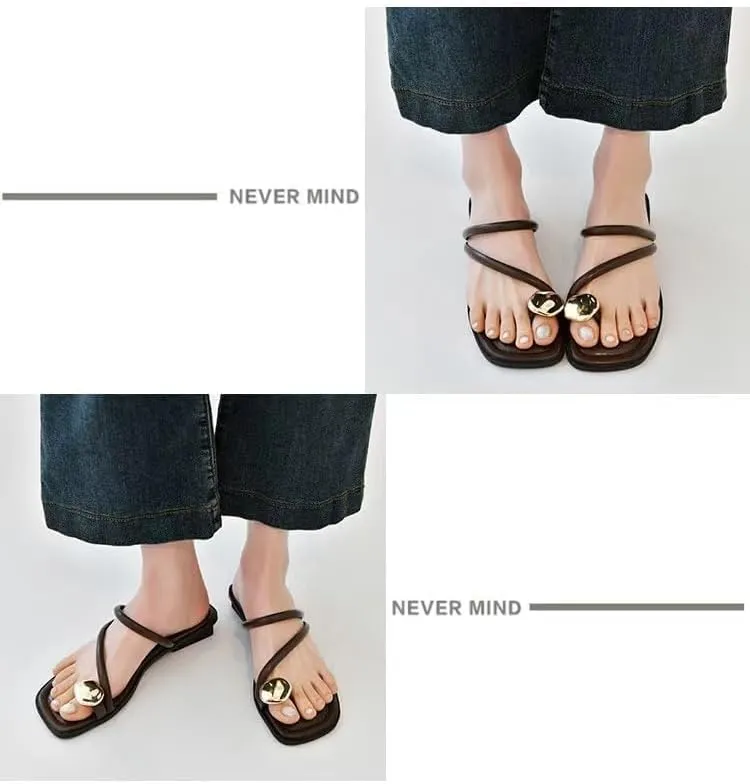 Women's leather strappy flat metal toe ring sandals fashionable square open toe low block heel slip-on Clip Toe Slide Sandals Casual Summer Beach slipper