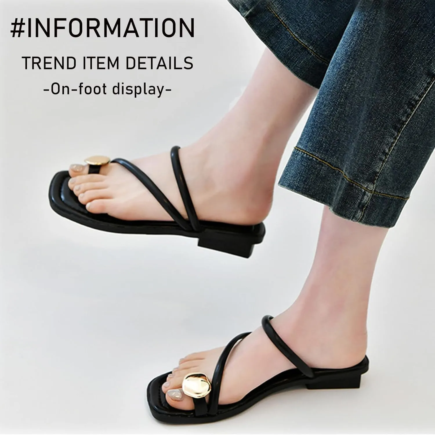 Women's leather strappy flat metal toe ring sandals fashionable square open toe low block heel slip-on Clip Toe Slide Sandals Casual Summer Beach slipper