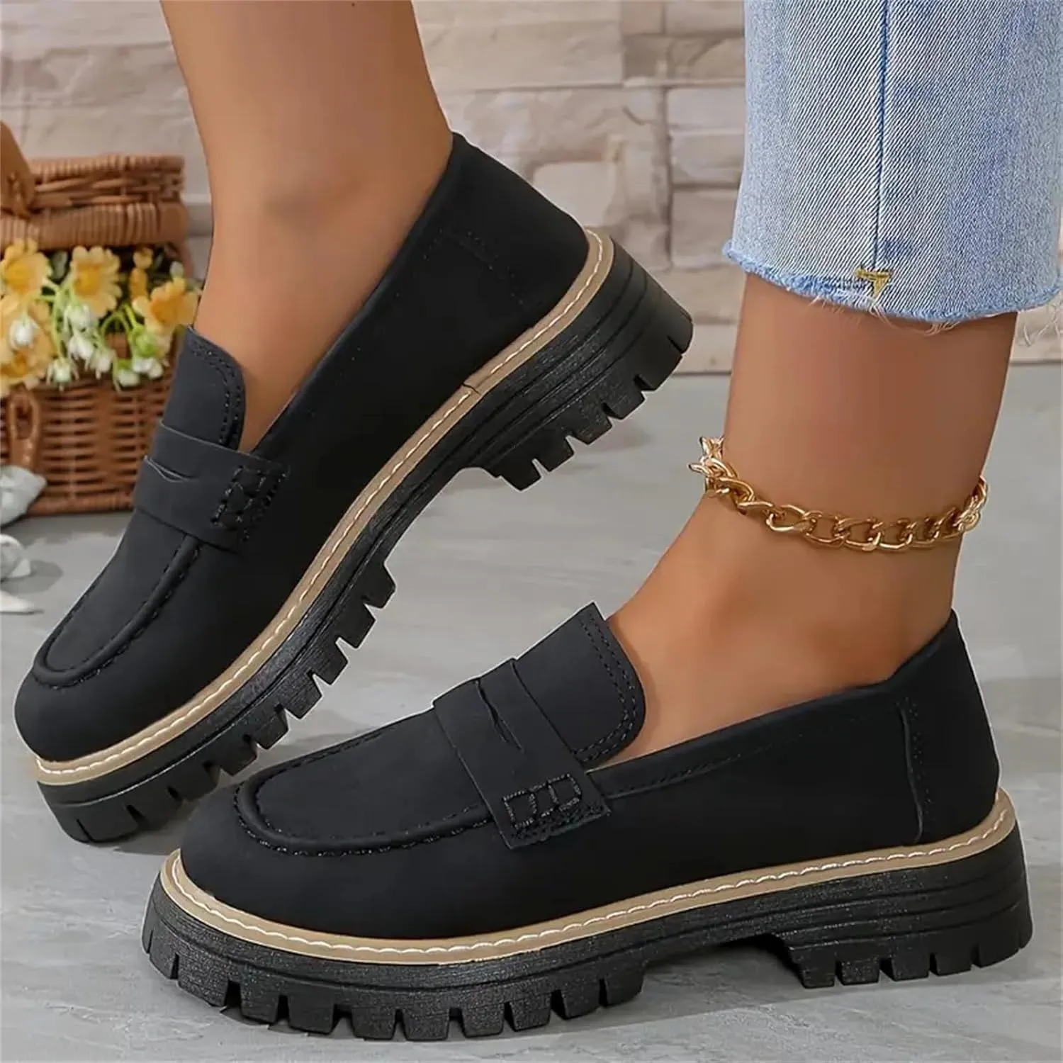 Womens Loafers Shoes Platform Chunky Penny Loafer Lug Sole Wide Width Comfortable Slip On Chunky Shoes for Women Work Office Business Casual Dress Shoe Walking Dresses Trendy Flats Loafer Sneakers