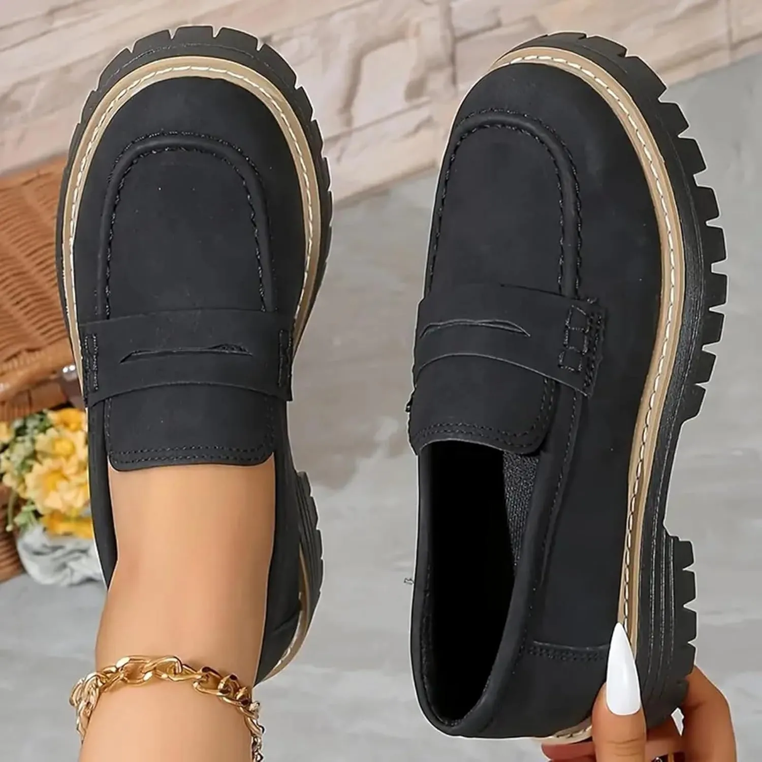 Womens Loafers Shoes Platform Chunky Penny Loafer Lug Sole Wide Width Comfortable Slip On Chunky Shoes for Women Work Office Business Casual Dress Shoe Walking Dresses Trendy Flats Loafer Sneakers