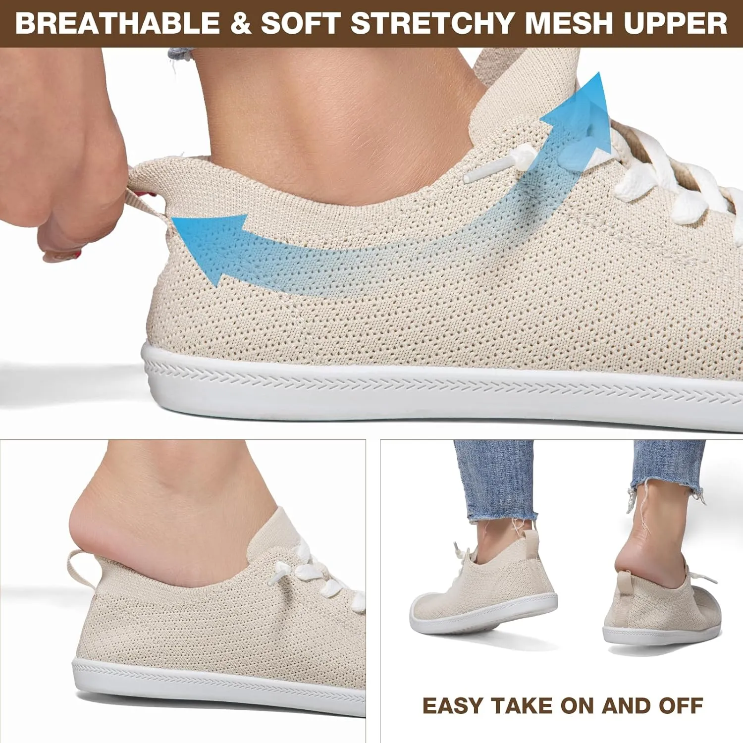 Women’s Low top Slip On Arch Support Loafer, Soft Comfort Casual Barefoot Walking Shoes,Breathable Stretchy Mesh Lightweight Non-Slip Fashion Sneakers