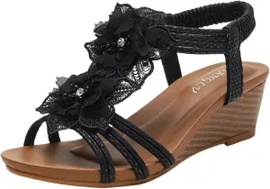 Women's Low Wedge Heels Summer Dressy Platform Sandals Ankle Strap Open Toe Slip On Flower Shoes Cute Comfy Wedges Heels Beach Sandal Bohemian Wedding Breathable Fashion Trendy Sandals