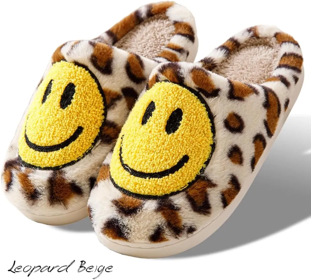 Women's Men's Retro Preppy Happy Face Slippers Comfy Warm Plush Slip-On House Slipper for Winter Indoor Soft Cushion Non-slip Fluffy Slides Slippers