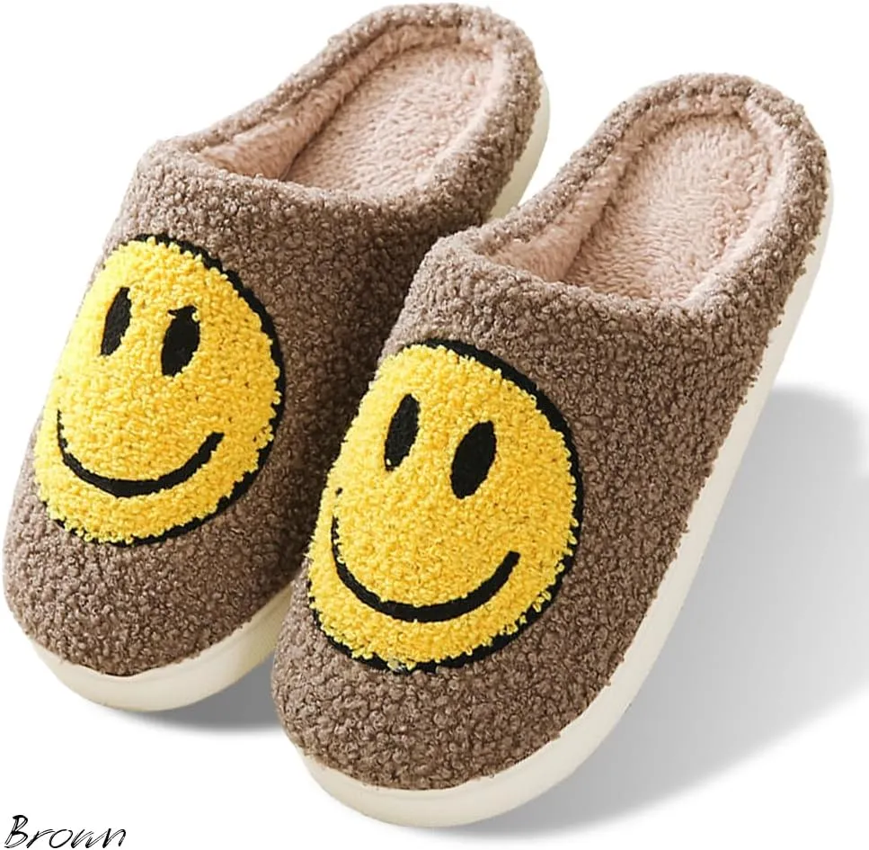 Women's Men's Retro Preppy Happy Face Slippers Comfy Warm Plush Slip-On House Slipper for Winter Indoor Soft Cushion Non-slip Fluffy Slides Slippers
