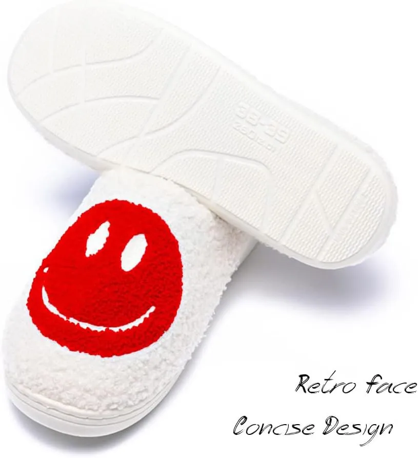 Women's Men's Retro Preppy Happy Face Slippers Comfy Warm Plush Slip-On House Slipper for Winter Indoor Soft Cushion Non-slip Fluffy Slides Slippers