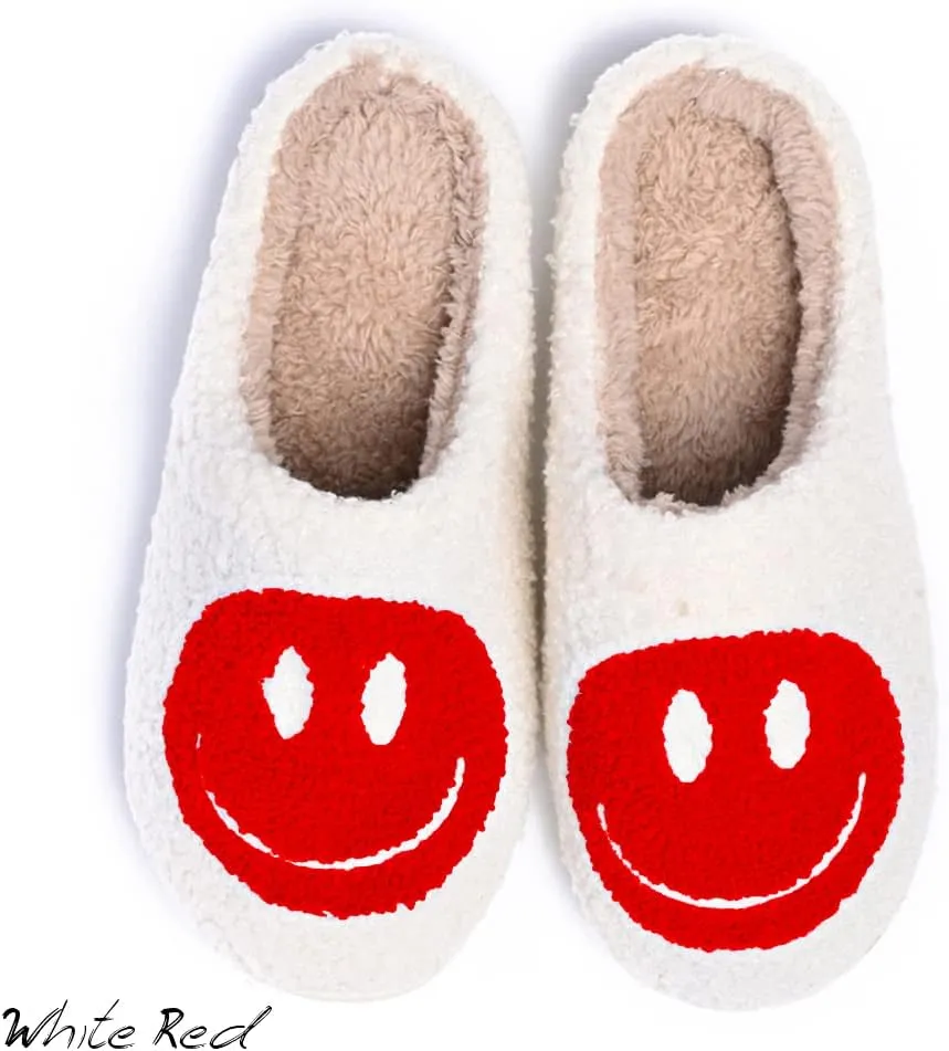 Women's Men's Retro Preppy Happy Face Slippers Comfy Warm Plush Slip-On House Slipper for Winter Indoor Soft Cushion Non-slip Fluffy Slides Slippers