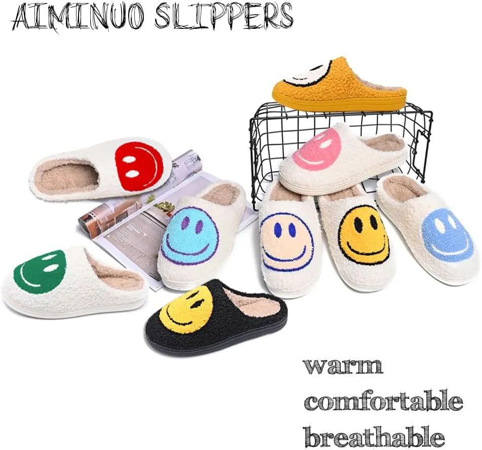 Women's Men's Retro Preppy Happy Face Slippers Comfy Warm Plush Slip-On House Slipper for Winter Indoor Soft Cushion Non-slip Fluffy Slides Slippers