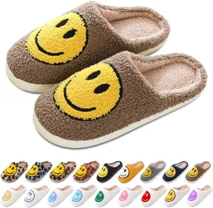 Women's Men's Retro Preppy Happy Face Slippers Comfy Warm Plush Slip-On House Slipper for Winter Indoor Soft Cushion Non-slip Fluffy Slides Slippers