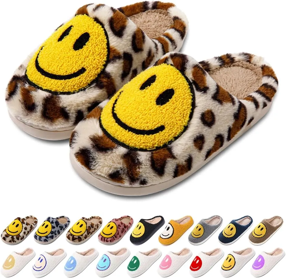 Women's Men's Retro Preppy Happy Face Slippers Comfy Warm Plush Slip-On House Slipper for Winter Indoor Soft Cushion Non-slip Fluffy Slides Slippers