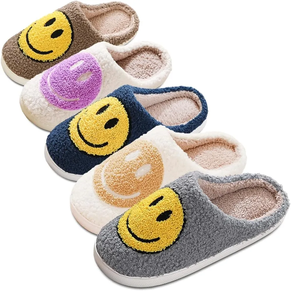 Women's Men's Retro Preppy Happy Face Slippers Comfy Warm Plush Slip-On House Slipper for Winter Indoor Soft Cushion Non-slip Fluffy Slides Slippers