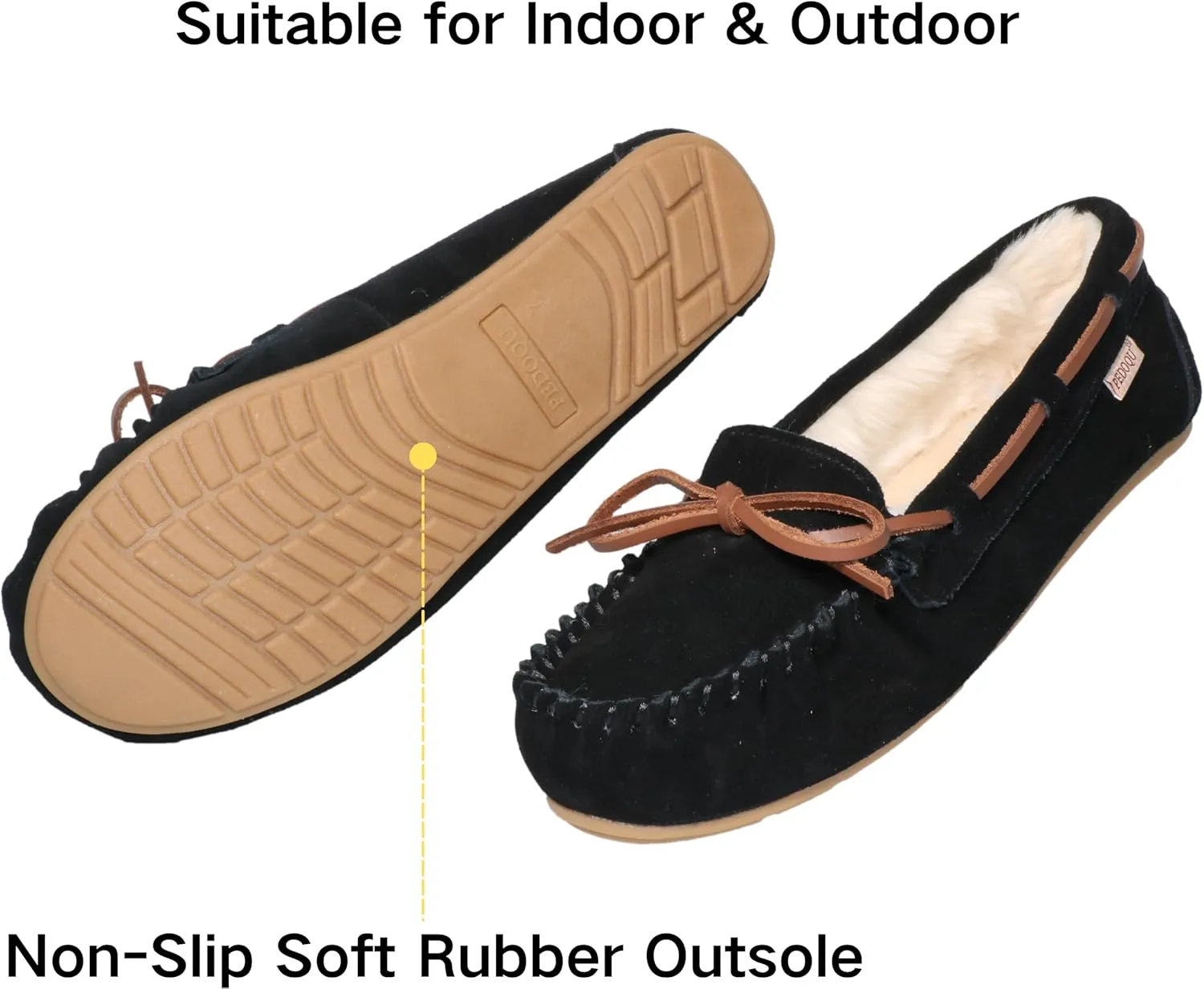 Women's Moccasin Slippers Cow Suede Warm Faux Fur Pile Lined Lace-Up Bow Cozy Indoor & Outdoor Slip On Loafers Shoes for Women