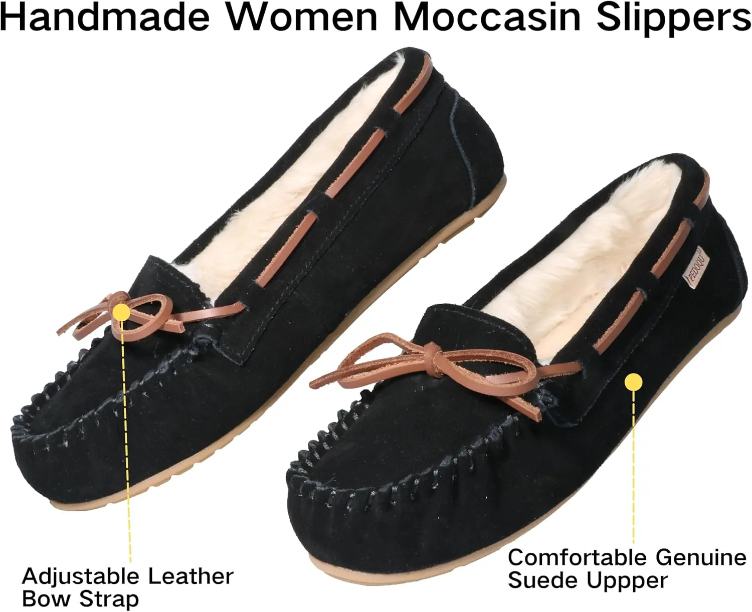 Women's Moccasin Slippers Cow Suede Warm Faux Fur Pile Lined Lace-Up Bow Cozy Indoor & Outdoor Slip On Loafers Shoes for Women