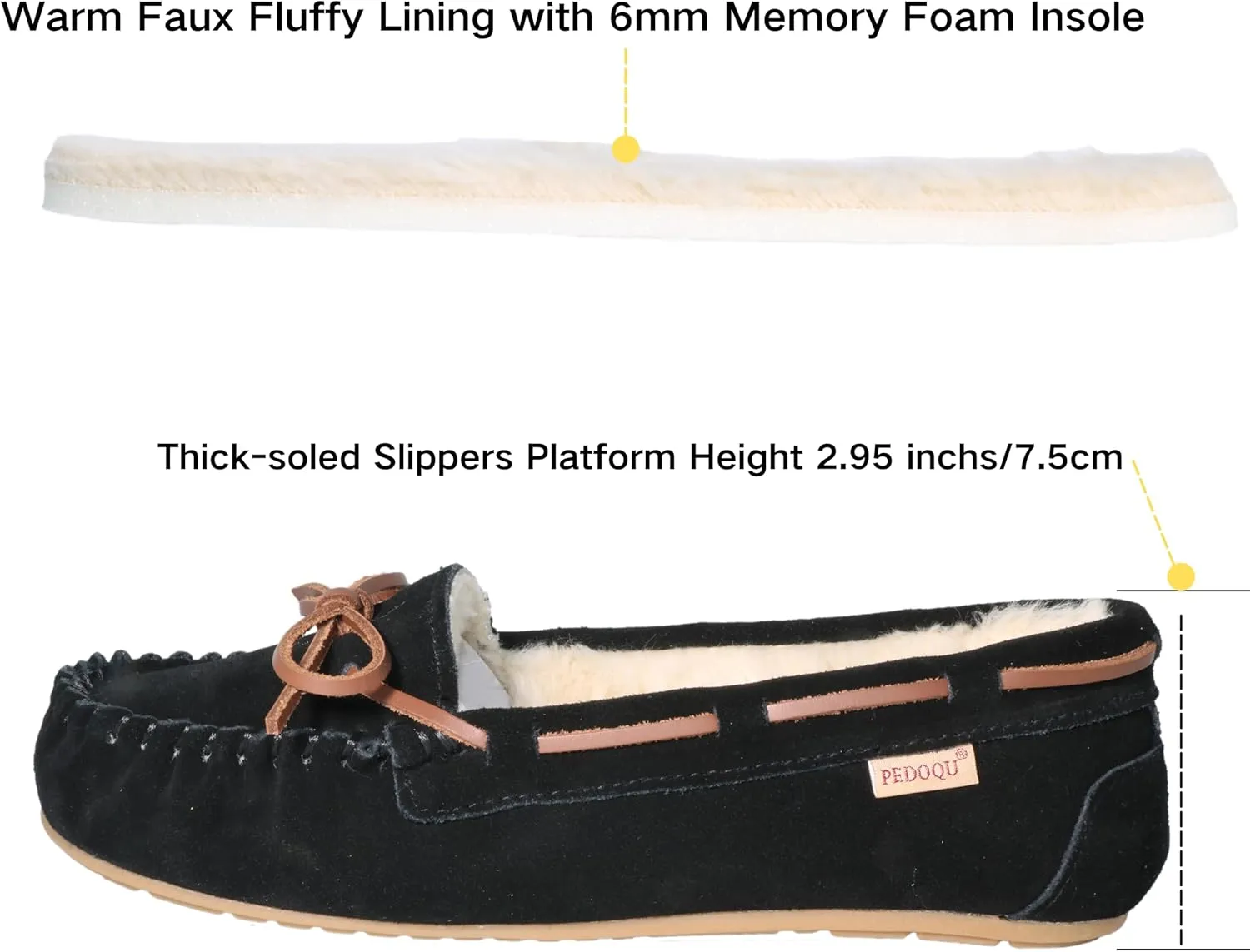 Women's Moccasin Slippers Cow Suede Warm Faux Fur Pile Lined Lace-Up Bow Cozy Indoor & Outdoor Slip On Loafers Shoes for Women